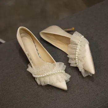 Bayanlar Yüksek Topuklu Kadın Gelin Ayakkabı Saten Stiletto Düz Renk Kaymaz Artış Kadınlar Düğün için Pompalar  
