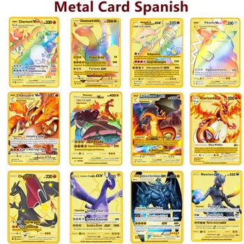 Ispanyolca Pokemon Kartları Altın Metal Pokemon Kartları İspanyolca Sert Demir Kartları Mewtwo Pikachu Gx Charizard Vmax Paketi Oyun Koleksiyonu