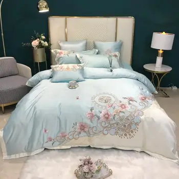 Yeni Lüks 60 S Pamuk Saten Çiçek Nakış Prenses nevresim takımı Nevresim yatak örtüsü yatak çarşafı Yastık Kılıfı Kral Kraliçe Boyutu