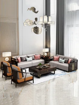 Yeni Çin tüm masif ahşap kanepe modern ışık lüks yüksek dereceli abanoz villa mobilya oturma odası deri kanepe kombinasyonu