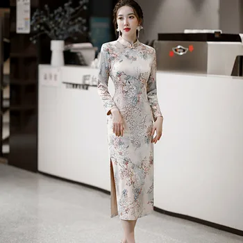 Vintage İnce Qipao 2022 Kadın Hanfu çin elbisesi Elbise Orientale Geleneksel Vestido Chino Uzun Kollu Sonbahar Cheongsam Yeni