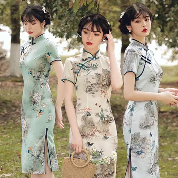 Ilkbahar Yaz Orta Baskı Çince Geleneksel Elbise Geliştirilmiş Retro Modern Cheongsam Yeşil Ziyafet İnce Brokar Parti Qipao