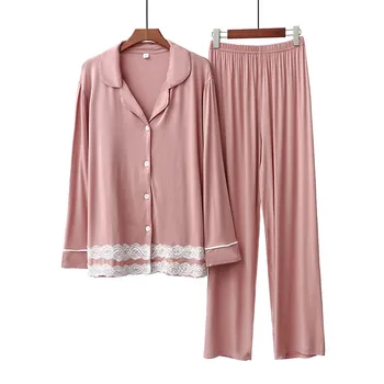 Rahat 2 adet Pijama Setleri Kadınlar Uzun Kollu Katı Modal Elastik Gevşek Yumuşak Bayan Dantel Kore Ev Giyim Rahat