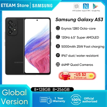 Küresel Sürüm Samsung Galaxy A53 5G Smartphone Exynos 1280 Sekiz çekirdekli 120Hz Süper AMOLED 5000mAh 25W Hızlı Şarj Cep Telefonu