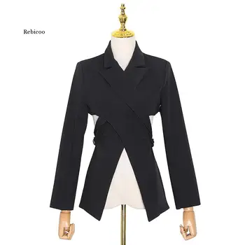 Kadın Siyah Arası Bandaj Kısa Blazer Uzun Kollu Gevşek Uygun Yaka Ceket Yeni Moda Gelgit Bahar Sonbahar 2021