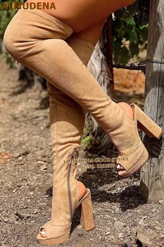ALMUDENA Çıplak Süet Tıknaz Topuk Uyluk Yüksek Çizmeler Peep Toe Platformu Diz Çizmeler Üzerinde Gece Kulübü Maruz Topuk Uzun Çizmeler Elbise Ayakkabı