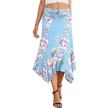 Kadın Yaz Etekler Katı / Çiçek Baskı Elastik Bel Düzensiz Hem Dipleri Elbise Bayanlar için Kadın Rahat plaj elbisesi 3 Renkler