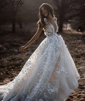 Robe Mariage 2019 Muhteşem V Yaka Balo Dantel Aplikler Artı Boyutu düğün elbisesi Cap Kollu Uzun Çiçekler gelinlik W97