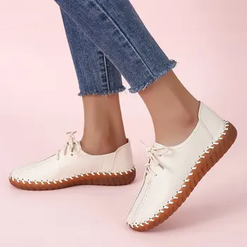 Marka Kadın Flats deri ayakkabı Kadın Moccasins Rahat Dantel-up El Yapımı Beyaz Yaz Sneakers Bale bayan ayakkabıları
