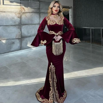 Thinyfull Kadife Fas Kaftan Abiye Altın Nakış Bordo Yan Yarık İslam Dubai Suudi Arapça Abaya balo kıyafetleri