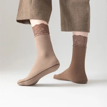 Yeni Kadın Kış sıcak Kalınlaşmak Termal Çorap Yumuşak Rahat Düz Renk Dantel Dantel Çorap Ev Kar Botları Kat Çorap 1 Çift