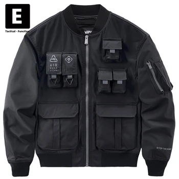 Siyah Kargo Ceketleri Erkekler Streetwear Bombacı Ceket Moda Çoklu Cepler Pilot Ceket Ceket Erkek Punk Techwear Beyzbol Mont