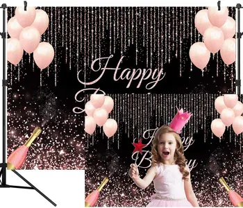Mutlu Doğum Günü Partisi Zemin Gül Altın Glitter Fotoğraf Arka Plan Kadın Bayan Kız Pembe Balonlar Şampanya Süslemeleri