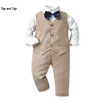 üst ve üst Moda Yeni Bebek Erkek Rahat giyim setleri Uzun Kollu Beyaz Gömlek Tops + Yelek + Pantolon Bebek Erkek Beyefendi Takım Elbise