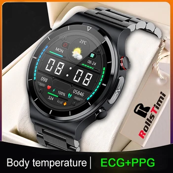 Rollstimi akıllı saat Erkekler Vücut Sıcaklığı Kan Basıncı Kalp Hızı EKG + PPG Su Geçirmez Kablosuz Şarj Cihazı 360 * 360 HD Smartwatch