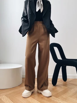 LMQ YENİ Kadın Sonbahar Kış Kore Vintage Kahverengi Yüksek Bel Düz Geniş Bacak Takım Elbise Pantolon Örtü günlük pantolon Moda Harajuku